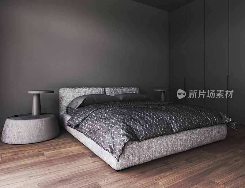 角落视图的黑暗卧室内部与床。空灰墙和衣柜、床头。硬木地板。极简主义设计理念。3 d渲染。高质量3d插图